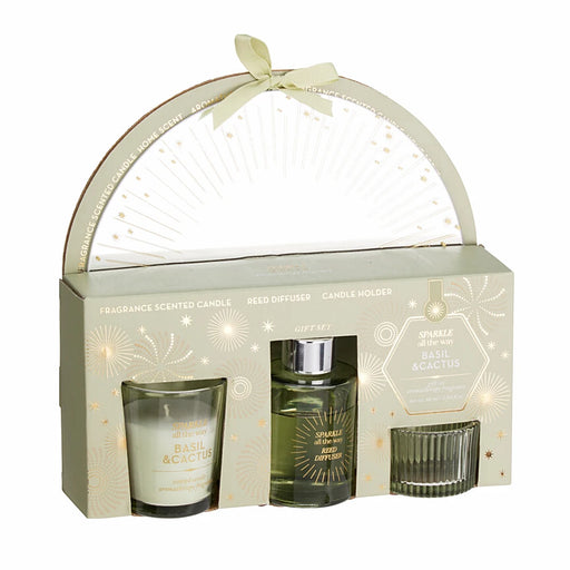 Close-up of Basil & Cactus Aroma Gift Set showing candle, diffuser, and botanical-inspired design.