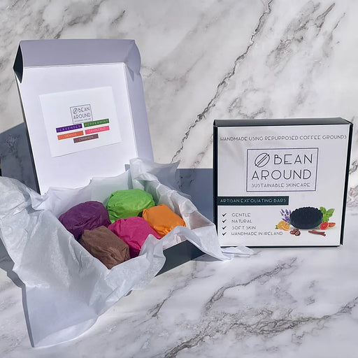 Bean Around Exfoliating Soap Bars Gift Set with five 80g Irish coffee scrub soap bars in assorted fragrances
