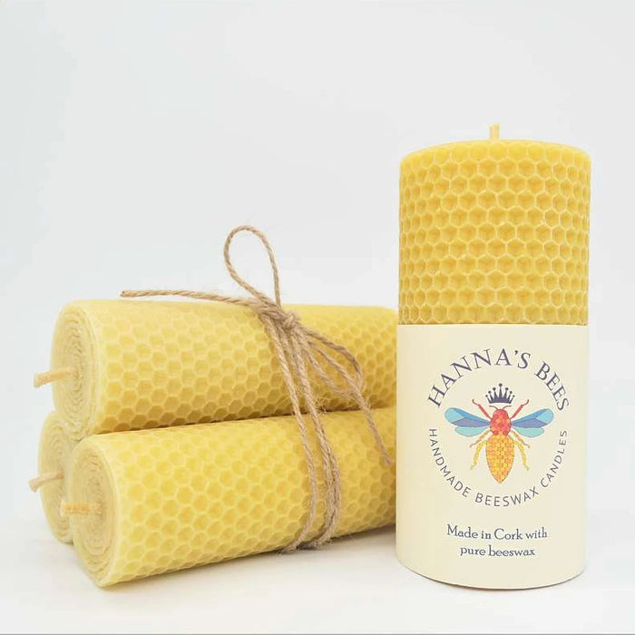 Hanna's Bees medium hand rolled beeswax pillar candle with honeycomb texture