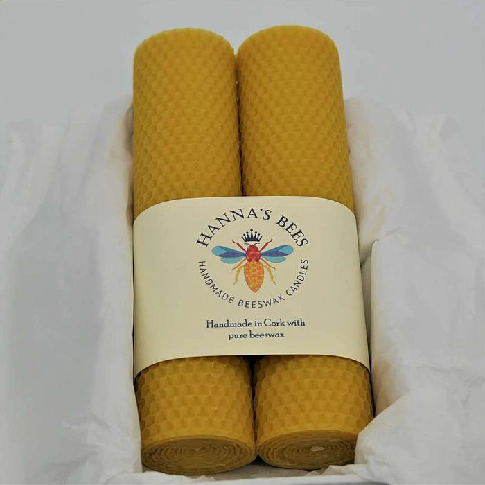 Hanna's Bees tall hand rolled beeswax pillar candle pair in a gift box