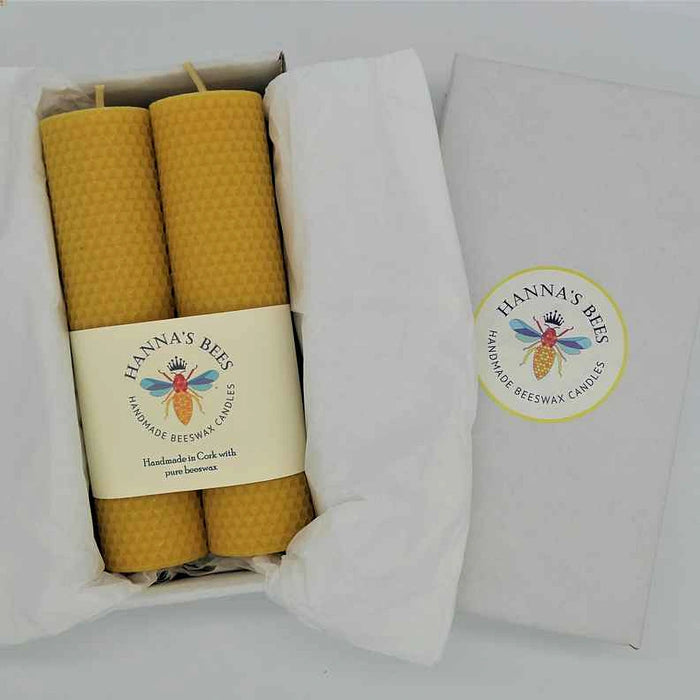 Hanna's Bees tall hand rolled beeswax pillar candle pair in a gift box