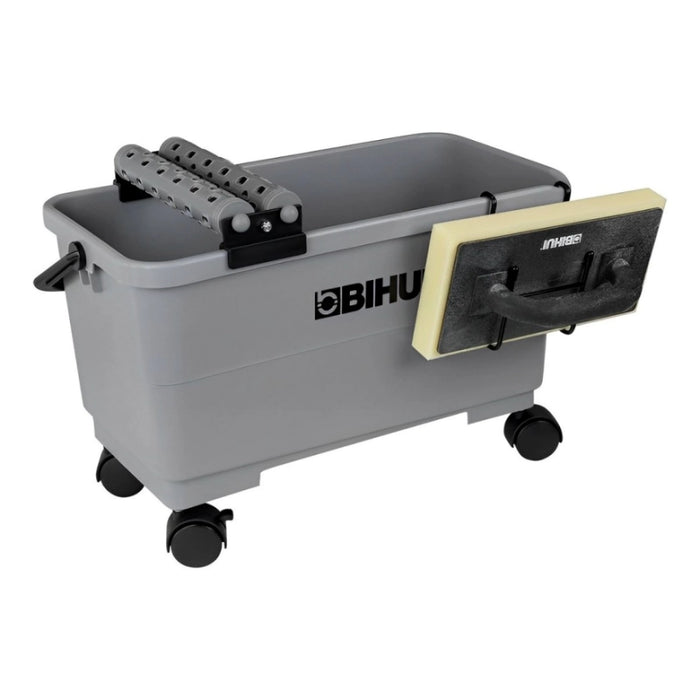 Bihui 5 Piece Washiboy Set laid out, featuring the 24L bucket, dual rollers, sponge with handle, plastic grid, wheels, and hanging holder assembled for use.