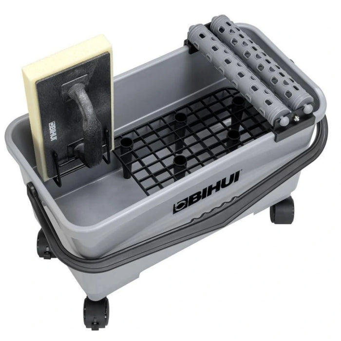 Bihui 5 Piece Washiboy Set laid out, featuring the 24L bucket, dual rollers, sponge with handle, plastic grid, wheels, and hanging holder assembled for use.