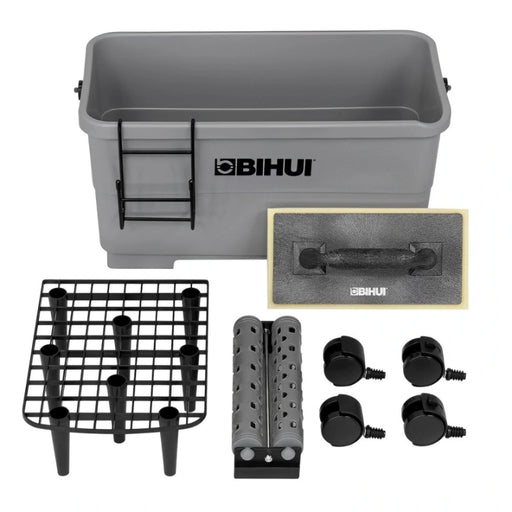 Close-up of the Bihui 24L Washiboy bucket showing the textured dual rollers, sponge handle, and locking caster wheels.