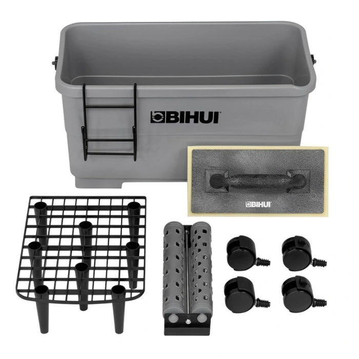 Close-up of the Bihui 24L Washiboy bucket showing the textured dual rollers, sponge handle, and locking caster wheels.