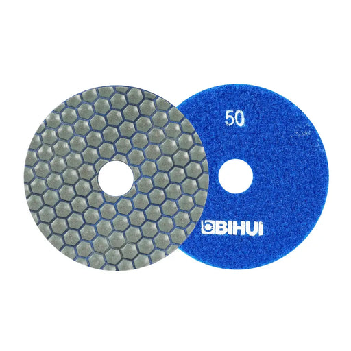 Close-up of the Bihui 4" 50 Grit Dry Diamond Polishing Pad, showing its coarse grit texture and light-colored backing ideal for white tiles.