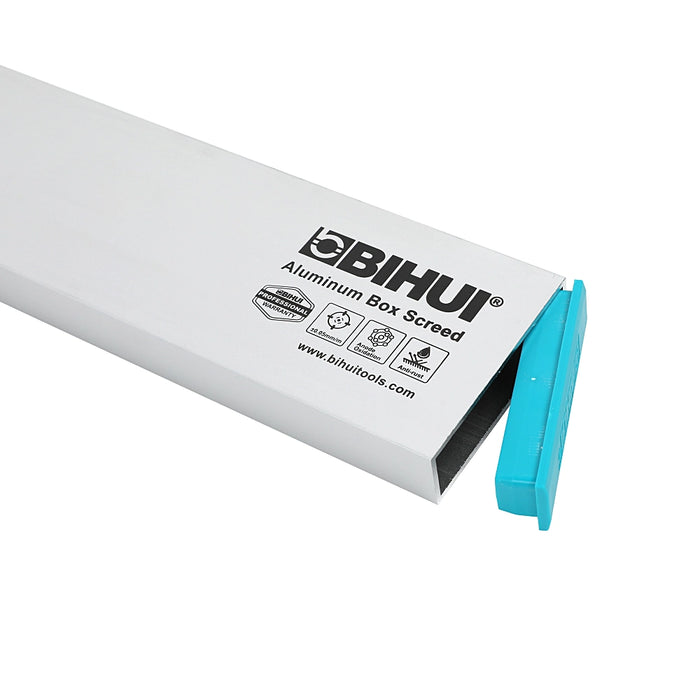Close-up of Bihui Aluminium Box Screed showing clear anodized finish, BIHUI protection ends, and heavy-duty rectangular construction.