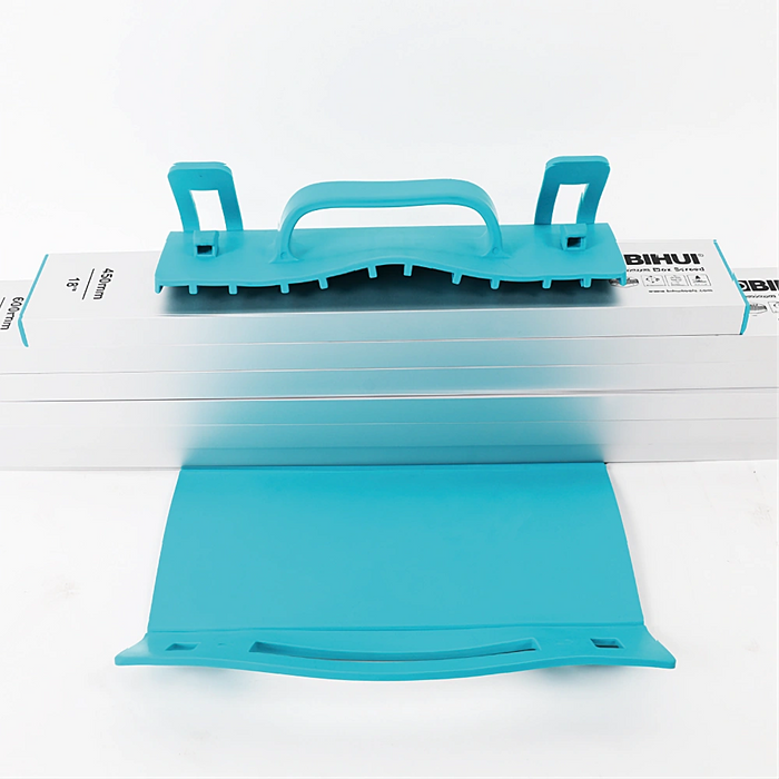 Close-up of Bihui Aluminium Box Screed showing clear anodized finish, BIHUI protection ends, and heavy-duty rectangular construction.