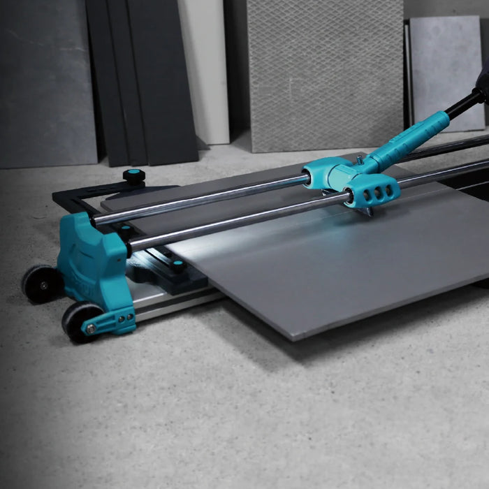 Close-up view of the Bihui C-Lion 1200mm Manual Tile Cutter showing the tungsten carbide scoring wheel, etched measurement scale, and anti-rotation handle with LED light.