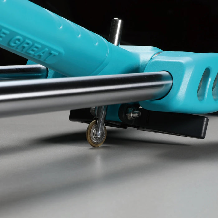 Close-up view of the Bihui C-Lion 1200mm Manual Tile Cutter showing the tungsten carbide scoring wheel, etched measurement scale, and anti-rotation handle with LED light.