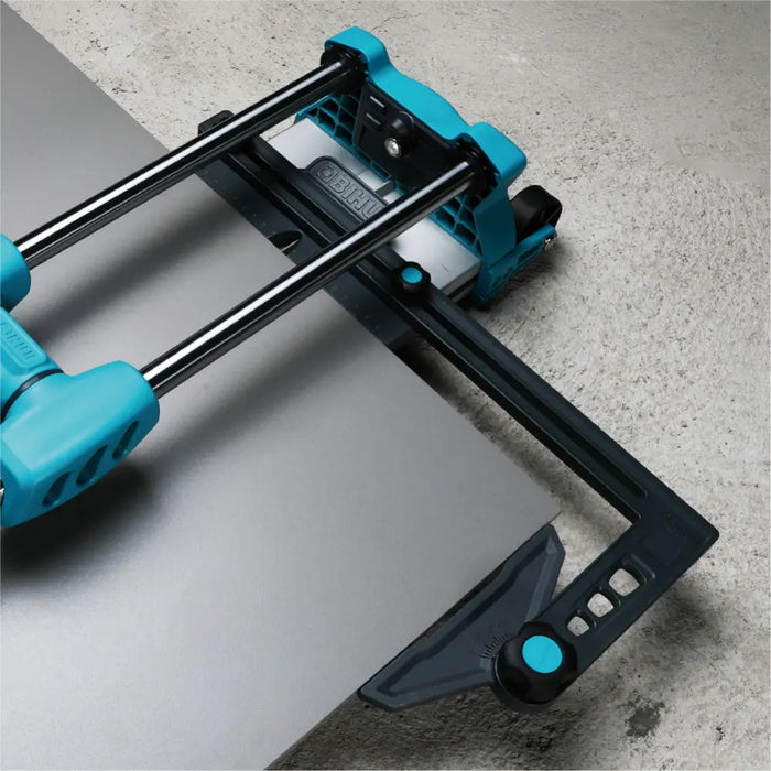 Close-up view of the Bihui C-Lion 1200mm Manual Tile Cutter showing the tungsten carbide scoring wheel, etched measurement scale, and anti-rotation handle with LED light.