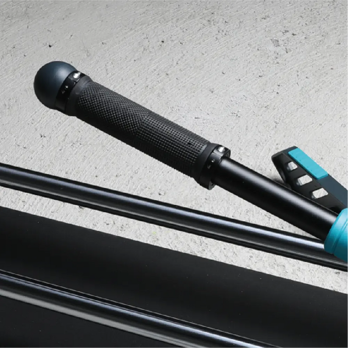 Close-up view of the Bihui C-Lion 1200mm Manual Tile Cutter showing the tungsten carbide scoring wheel, etched measurement scale, and anti-rotation handle with LED light.