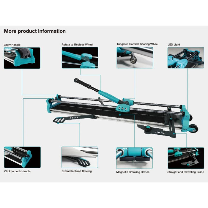 Full view of the Bihui C-Lion 1200mm Tile Cutter on casters, with aluminium alloy chassis, adjustable cutting guide, and ergonomic handle designed for professional ceramic tile cutting.