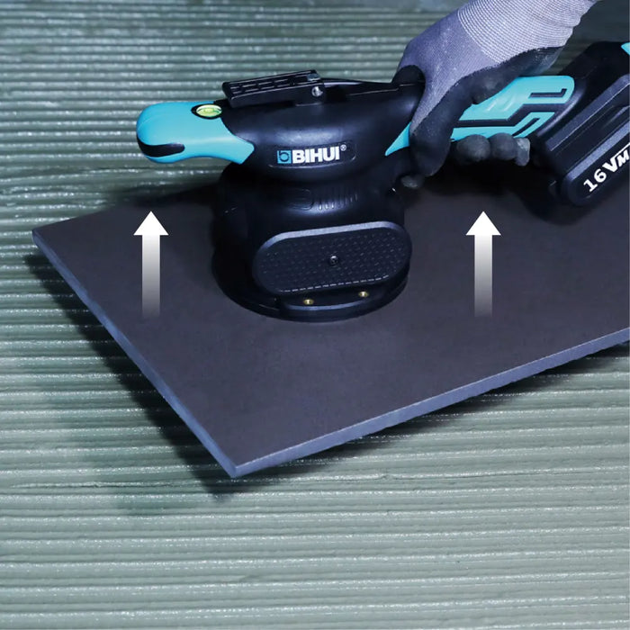 Detail view of the Bihui CVT Vibration Tile Beater showing TPR comfort grip, suction cup base, and integrated level bubble.
