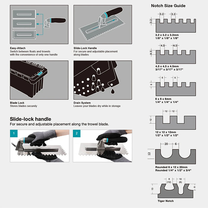 Close-up of Bihui Jumbo 8 Piece Trowel Set showing stainless steel blades, interchangeable TPR handle, and various notch sizes.