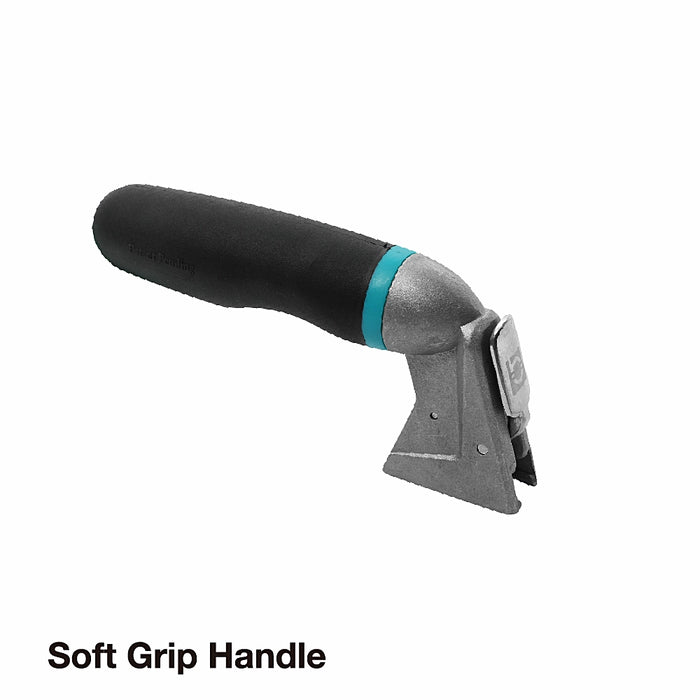 Close-up of Bihui Jumbo 8 Piece Trowel Set showing stainless steel blades, interchangeable TPR handle, and various notch sizes.