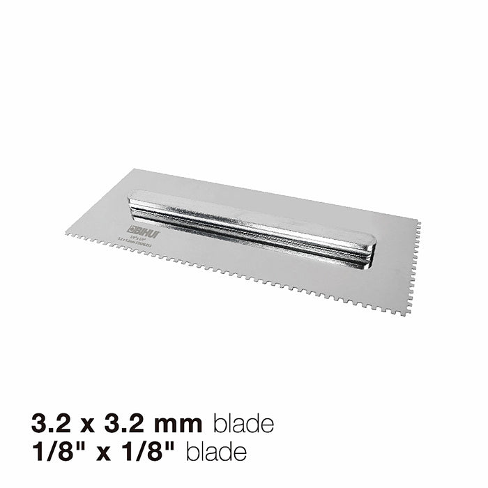 Close-up of Bihui Jumbo 8 Piece Trowel Set showing stainless steel blades, interchangeable TPR handle, and various notch sizes.