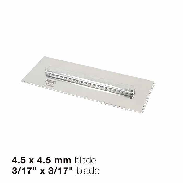 Close-up of Bihui Jumbo 8 Piece Trowel Set showing stainless steel blades, interchangeable TPR handle, and various notch sizes.