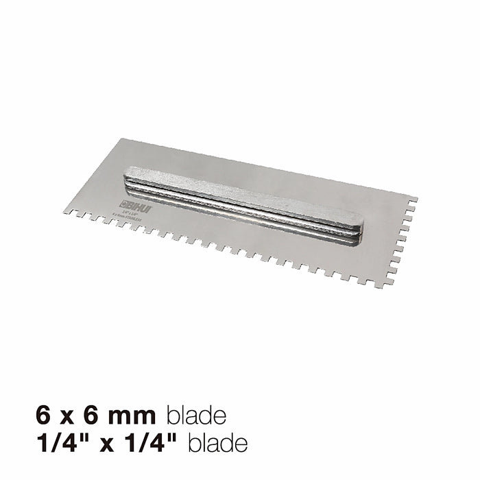 Close-up of Bihui Jumbo 8 Piece Trowel Set showing stainless steel blades, interchangeable TPR handle, and various notch sizes.