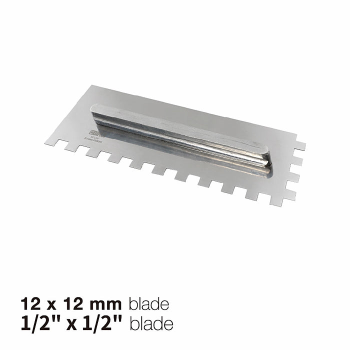 Close-up of Bihui Jumbo 8 Piece Trowel Set showing stainless steel blades, interchangeable TPR handle, and various notch sizes.