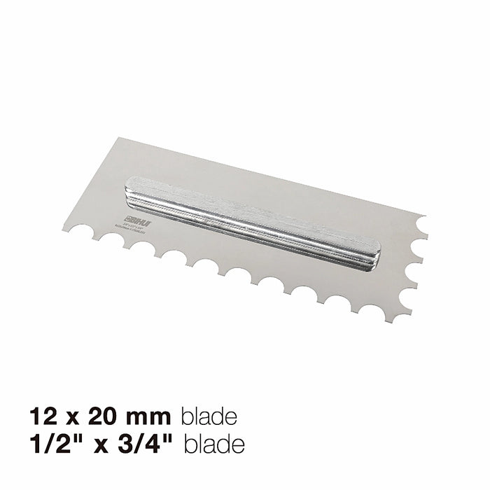Close-up of Bihui Jumbo 8 Piece Trowel Set showing stainless steel blades, interchangeable TPR handle, and various notch sizes.