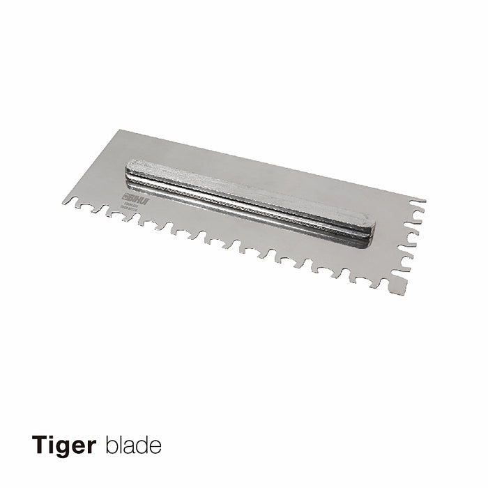 Close-up of Bihui Jumbo 8 Piece Trowel Set showing stainless steel blades, interchangeable TPR handle, and various notch sizes.