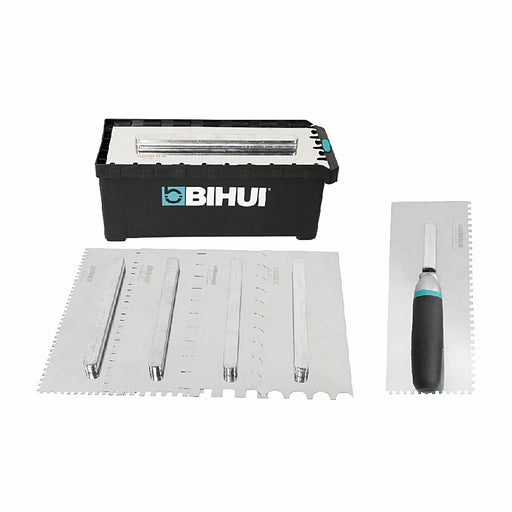 Close-up of Bihui Jumbo 8 Piece Trowel Set showing stainless steel blades, interchangeable TPR handle, and various notch sizes.