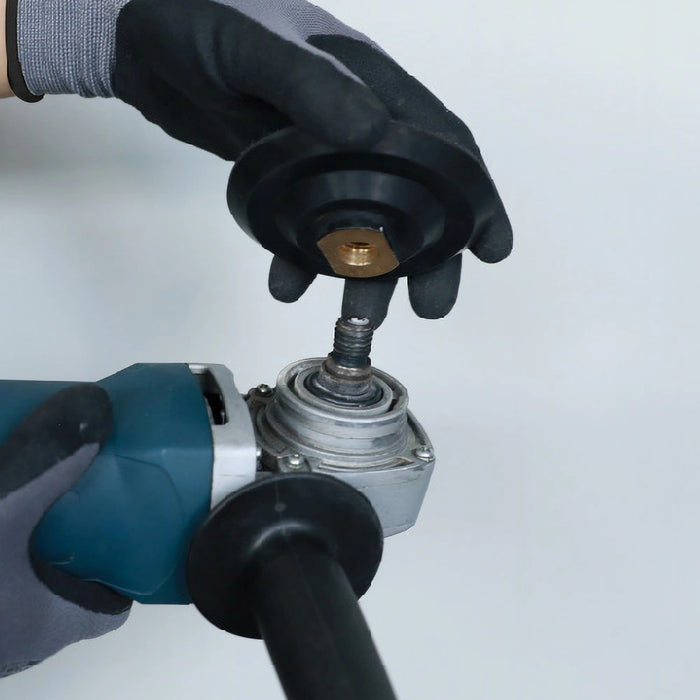 Bihui Rubber Backing Pad shown connected to an angle grinder, ready for use with polishing pads during tile or stone finishing.