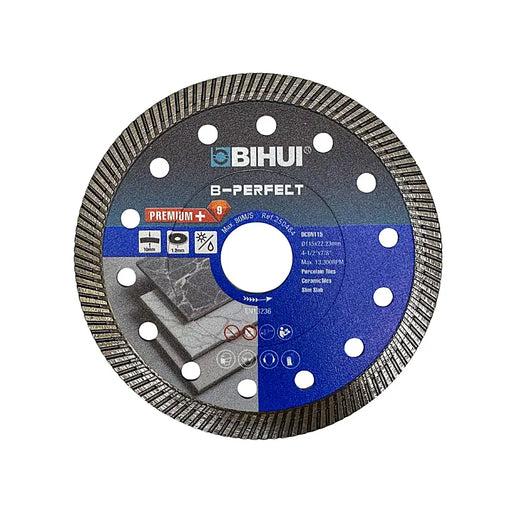 Close-up of the Bihui S/Thin 115mm Turbo Diamond Blade showing its ultra-thin profile and reinforced flange.