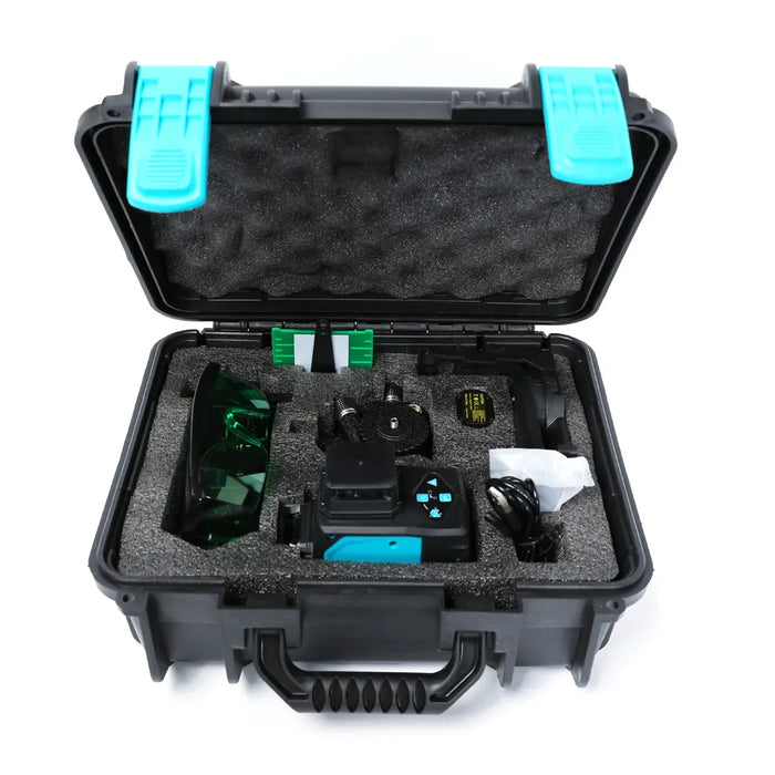 Set of Bihui laser level with included accessories laid out: battery, charging cable, magnetic mounts, laser plate, glasses, and carrying case.