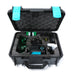 Set of Bihui laser level with included accessories laid out: battery, charging cable, magnetic mounts, laser plate, glasses, and carrying case.