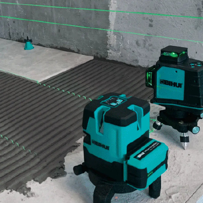 Close-up of the Bihui 12-line self-levelling laser level showing green laser lines and compact, durable housing with bracket mount.