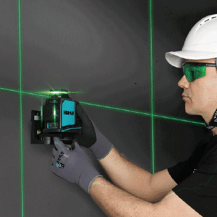 Close-up of the Bihui 12-line self-levelling laser level showing green laser lines and compact, durable housing with bracket mount.