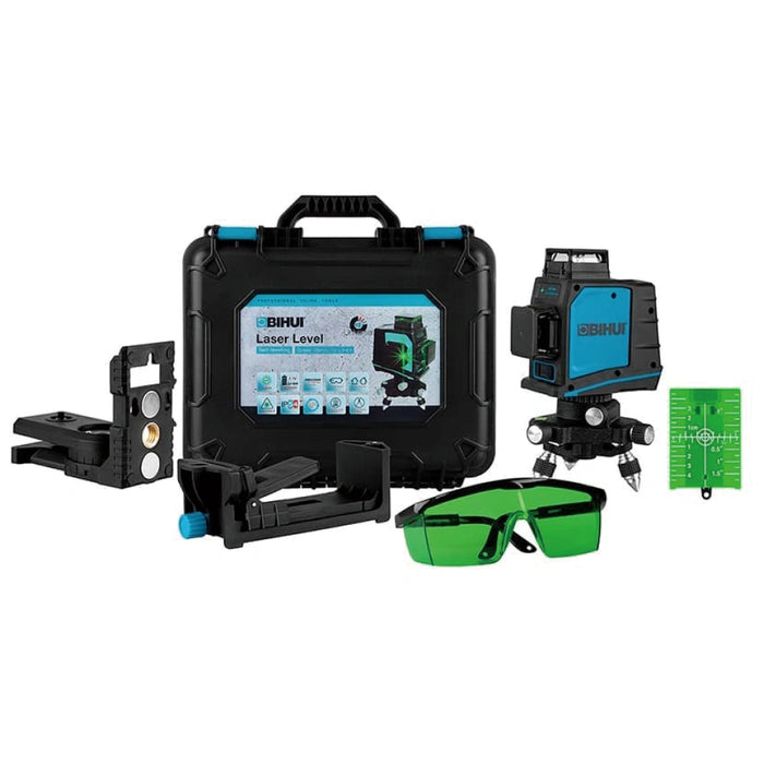 Set of Bihui laser level with included accessories laid out: battery, charging cable, magnetic mounts, laser plate, glasses, and carrying case.