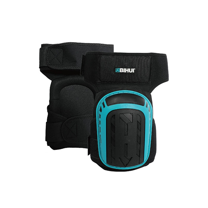 Close-up of Bihui TKPF Gel Knee Pads showing cushioned gel core, reinforced stitching, and Velcro fastening system.