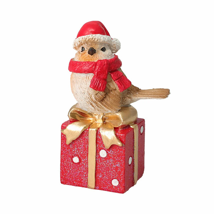Close-up of Bird With Red Scarf On Square Giftbox showing red scarf and detailed giftbox design.