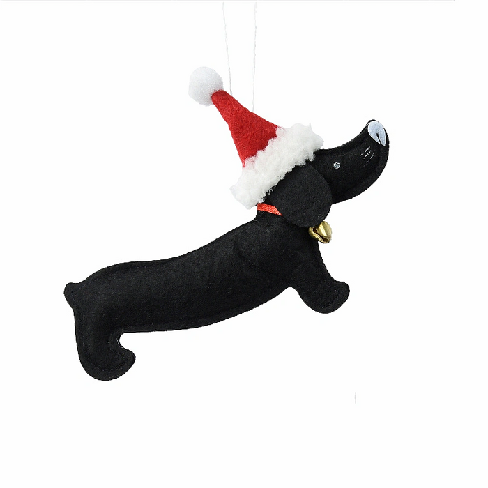 Black Dog with Hat & Bell Collar Hanging Christmas Decoration