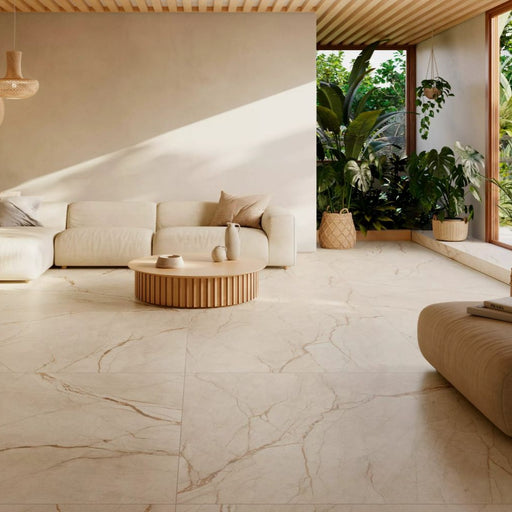 Canela Roma cream porcelain tile with fine surface texture, satin sheen, and subtle colour variations.