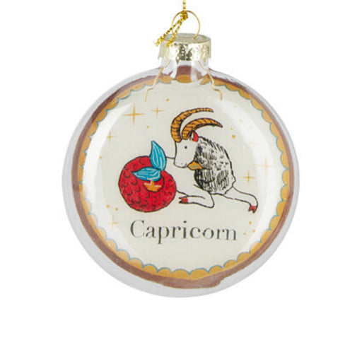 Close-up of Capricorn Zodiac Christmas bauble showing detailed zodiac design.