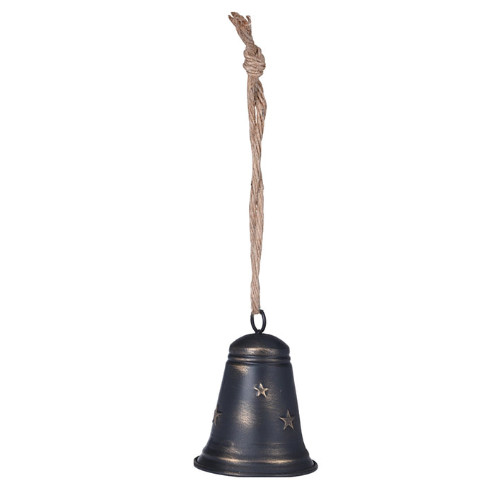 Close-up of Carbon Bell showing textured surface and natural jute hanging loop.