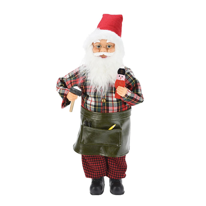 Close-up of Carpenter Santa Figure showing detailed clothing, face, and miniature tools.