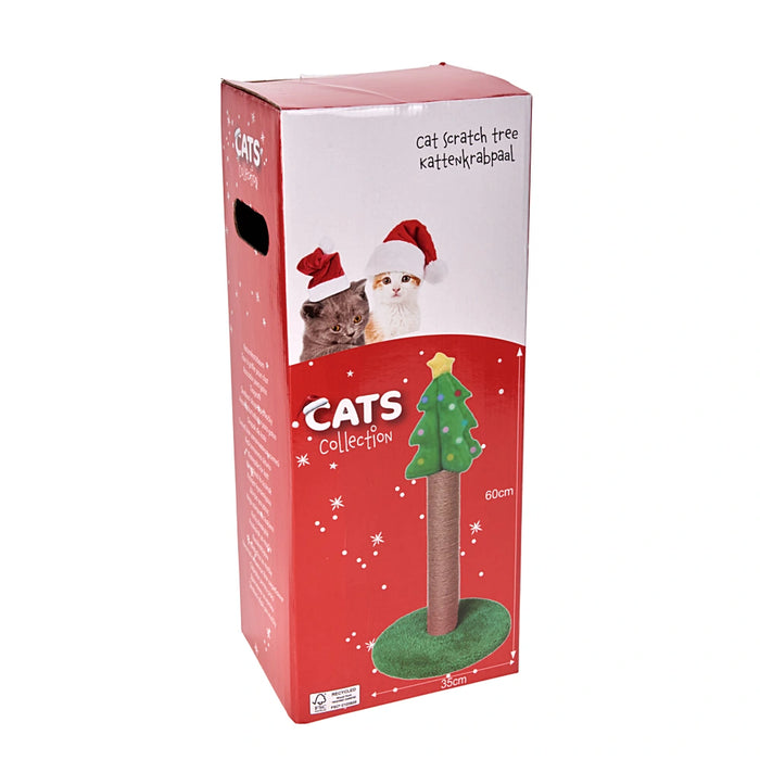 Close-up of cat scratch Christmas tree showing sisal rope texture and small hanging toys.