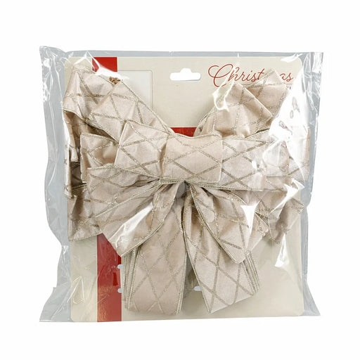 Close-up of champagne tree top bow showing soft texture and metallic sheen.