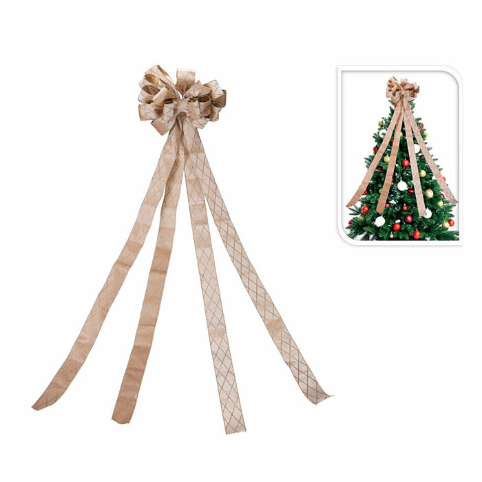 Close-up of champagne tree top bow showing soft texture and metallic sheen.