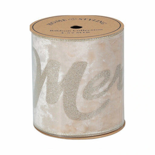 Close-up of champagne ribbon showing metallic ‘Merry Christmas’ lettering.