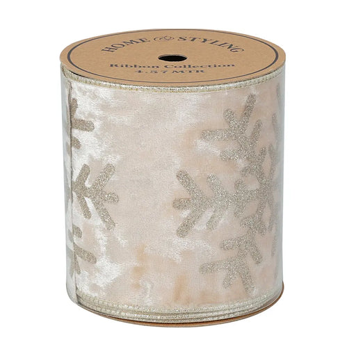 Close-up of champagne ribbon showing detailed silver snowflake pattern.