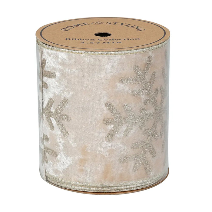 Close-up of champagne ribbon showing detailed silver snowflake pattern.