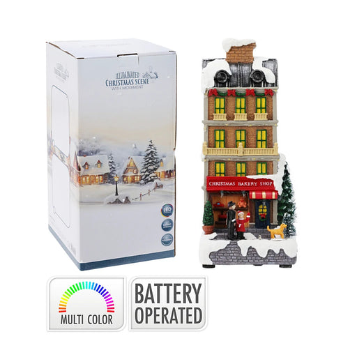 Close-up of Christmas Bakery Shop & Santa showing detailed Santa figure and bakery scene with LED illumination.