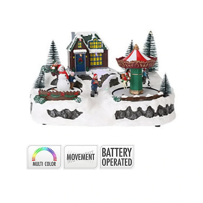 Close-up of Christmas Carousel LED House showing detailed carousel figures and illuminated LED features.