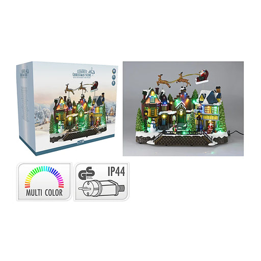 Close-up of Christmas House and Flying Sleigh showing intricate detailing and soft LED illumination.